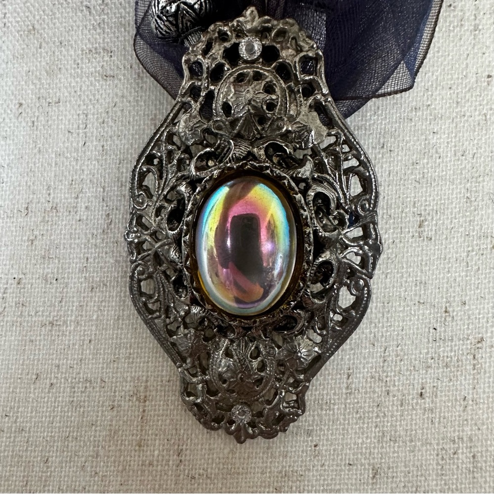 Vintage handmade statement necklace tulle purple ribbon silver iridescent